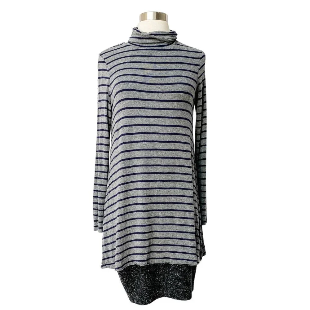 Anthropologie Bailey 44 Navy & Gray Striped Turtleneck Layered Dress - Picture 1 of 8